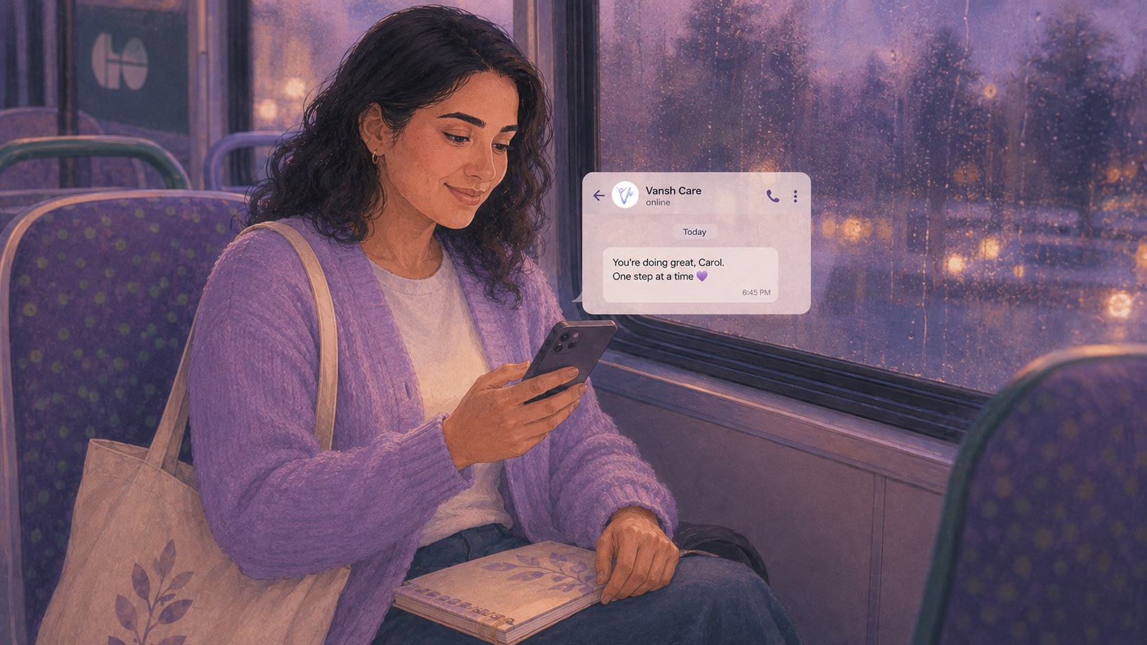 A woman in a lavender cardigan smiles at her phone on an evening bus. A WhatsApp message from Vansh Care reads: You’re doing great, Carol. One step at a time.